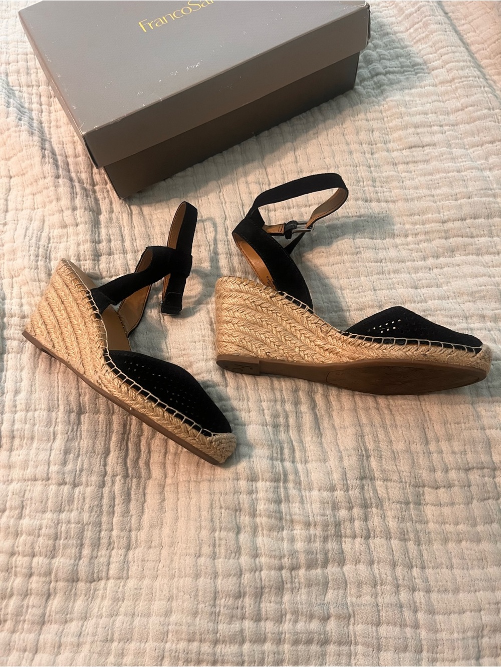 Franco Sarto Black Suede Espadrille Wedge Sandals 8